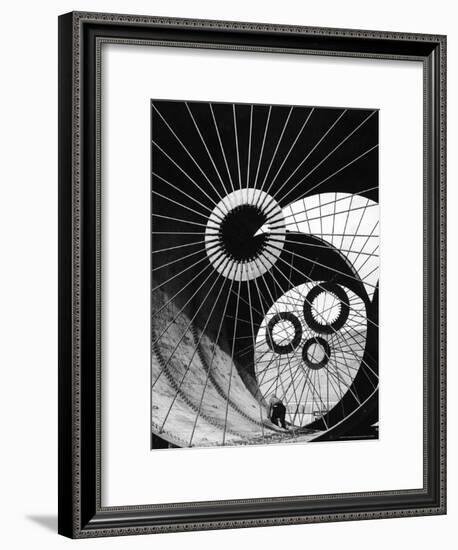 Support Struts Inside Section of a Giant Pipe Used to Divert Flow of Missouri River-Margaret Bourke-White-Framed Premium Photographic Print