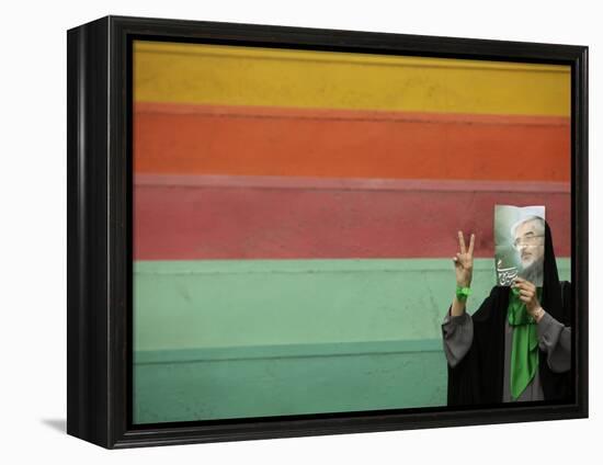 Supporter of Mir Hossein Mousavi Hides Her Face as She Waits at an Election Rally in Tehran-null-Framed Premier Image Canvas