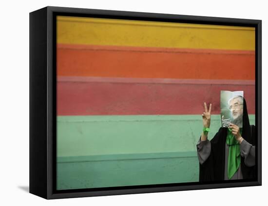 Supporter of Mir Hossein Mousavi Hides Her Face as She Waits at an Election Rally in Tehran-null-Framed Premier Image Canvas