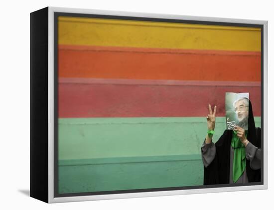 Supporter of Mir Hossein Mousavi Hides Her Face as She Waits at an Election Rally in Tehran-null-Framed Premier Image Canvas