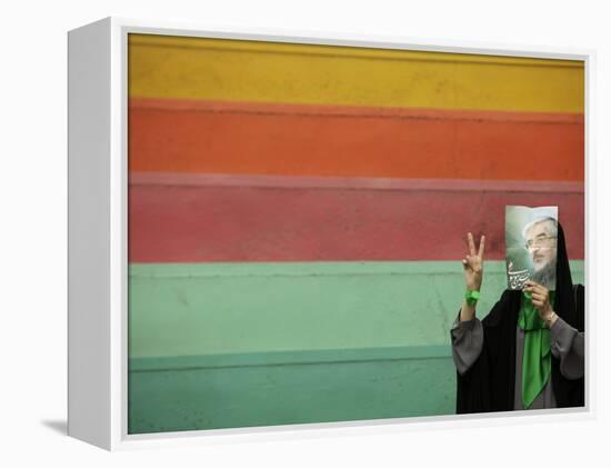 Supporter of Mir Hossein Mousavi Hides Her Face as She Waits at an Election Rally in Tehran-null-Framed Premier Image Canvas