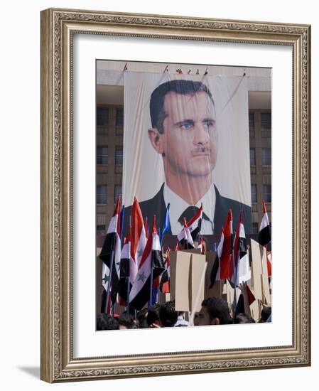 Supporters at a Rally in Downtown Damascus Endorsing President Bashar Al-Assad-Julian Love-Framed Photographic Print