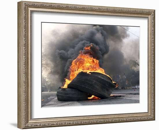 Supporters of Pakistani Shiite Muslim Group, Gather Near to Burning Tire Barricades Rally, Pakistan-null-Framed Photographic Print