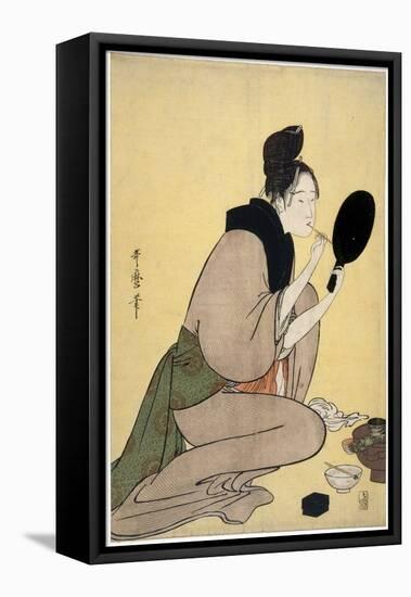 Sur La Beaute : Femme Se Maquilant Les Levres - Bijin-Ga. Girl Applying Makeup to Her Lips Par Utam-Kitagawa Utamaro-Framed Premier Image Canvas