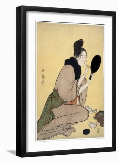 Sur La Beaute : Femme Se Maquilant Les Levres - Bijin-Ga. Girl Applying Makeup to Her Lips Par Utam-Kitagawa Utamaro-Framed Giclee Print