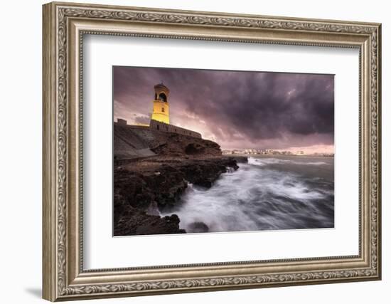 Sur lighthouse with the stormy sea on the cliff and a pink sunset, Sur, Oman, Middle East-Francesco Fanti-Framed Photographic Print