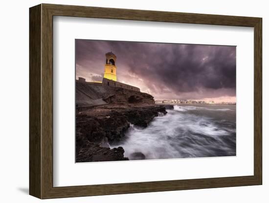 Sur lighthouse with the stormy sea on the cliff and a pink sunset, Sur, Oman, Middle East-Francesco Fanti-Framed Photographic Print