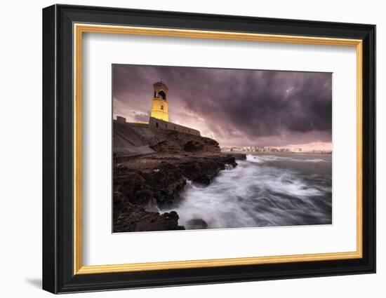 Sur lighthouse with the stormy sea on the cliff and a pink sunset, Sur, Oman, Middle East-Francesco Fanti-Framed Photographic Print