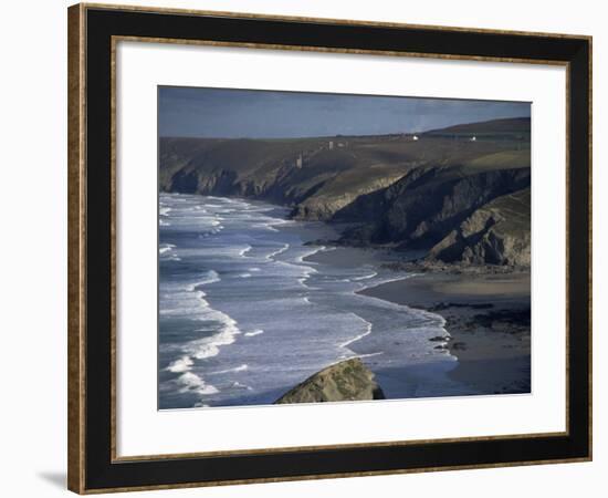 Surf and Tin Mine Chimneys in Distance, Porthtowan, Cornwall, England, United Kingdom-D H Webster-Framed Photographic Print