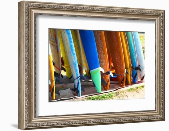 Surf Boards Standing on Kuta Bali Beach-bioraven-Framed Photographic Print