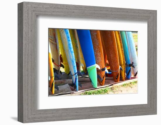 Surf Boards Standing on Kuta Bali Beach-bioraven-Framed Photographic Print