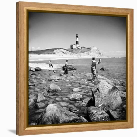 Surf Casting Fishermen Working the Shore Near the Historic Montauk Point Lighthouse-Alfred Eisenstaedt-Framed Premier Image Canvas