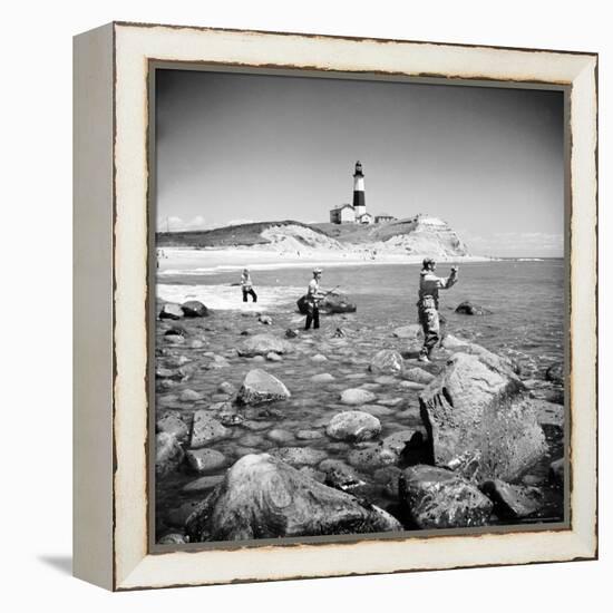 Surf Casting Fishermen Working the Shore Near the Historic Montauk Point Lighthouse-Alfred Eisenstaedt-Framed Premier Image Canvas