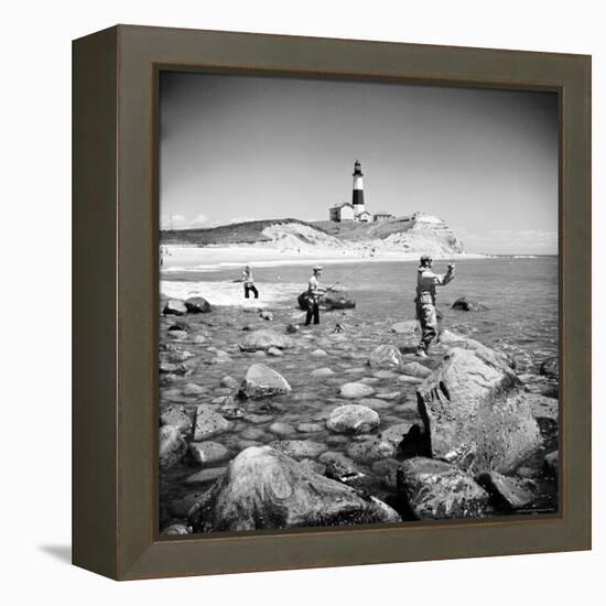 Surf Casting Fishermen Working the Shore Near the Historic Montauk Point Lighthouse-Alfred Eisenstaedt-Framed Premier Image Canvas