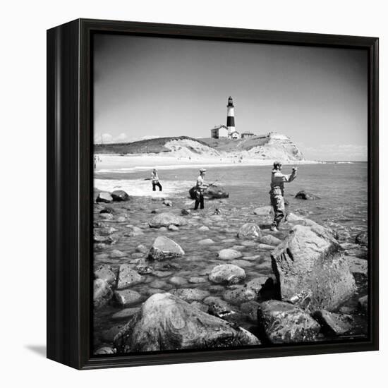 Surf Casting Fishermen Working the Shore Near the Historic Montauk Point Lighthouse-Alfred Eisenstaedt-Framed Premier Image Canvas