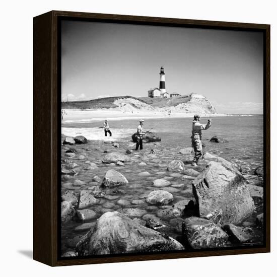 Surf Casting Fishermen Working the Shore Near the Historic Montauk Point Lighthouse-Alfred Eisenstaedt-Framed Premier Image Canvas