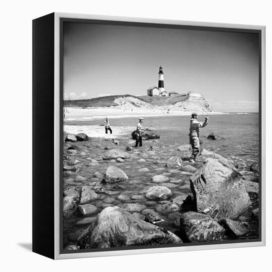 Surf Casting Fishermen Working the Shore Near the Historic Montauk Point Lighthouse-Alfred Eisenstaedt-Framed Premier Image Canvas