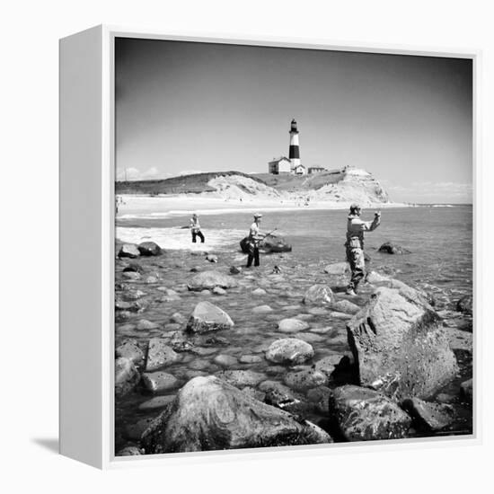 Surf Casting Fishermen Working the Shore Near the Historic Montauk Point Lighthouse-Alfred Eisenstaedt-Framed Premier Image Canvas