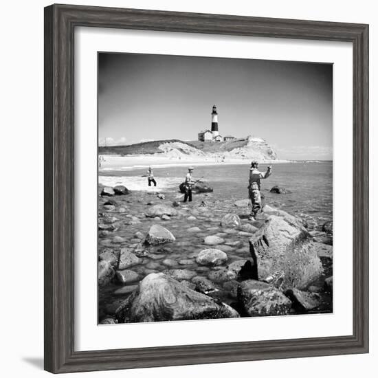 Surf Casting Fishermen Working the Shore Near the Historic Montauk Point Lighthouse-Alfred Eisenstaedt-Framed Photographic Print