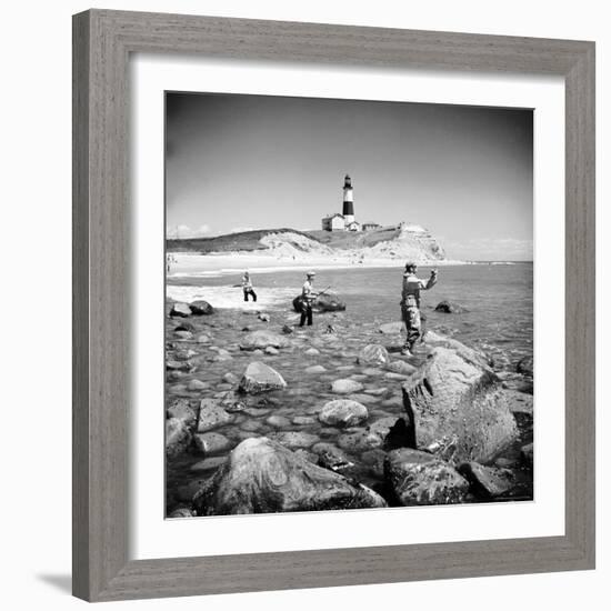 Surf Casting Fishermen Working the Shore Near the Historic Montauk Point Lighthouse-Alfred Eisenstaedt-Framed Photographic Print