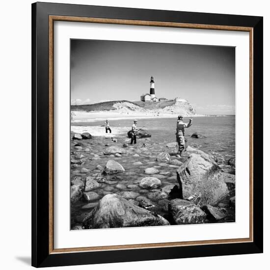 Surf Casting Fishermen Working the Shore Near the Historic Montauk Point Lighthouse-Alfred Eisenstaedt-Framed Photographic Print