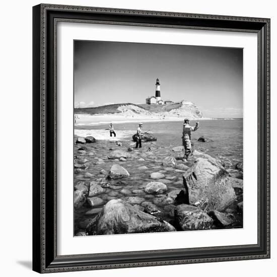 Surf Casting Fishermen Working the Shore Near the Historic Montauk Point Lighthouse-Alfred Eisenstaedt-Framed Photographic Print