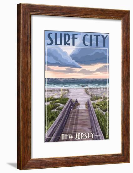 Surf City, New Jersey - Beach Boardwalk Scene-Lantern Press-Framed Art Print