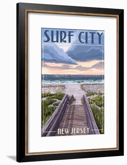 Surf City, New Jersey - Beach Boardwalk Scene-Lantern Press-Framed Art Print