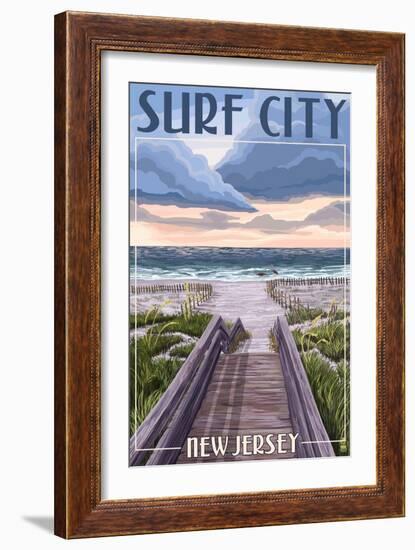 Surf City, New Jersey - Beach Boardwalk Scene-Lantern Press-Framed Art Print