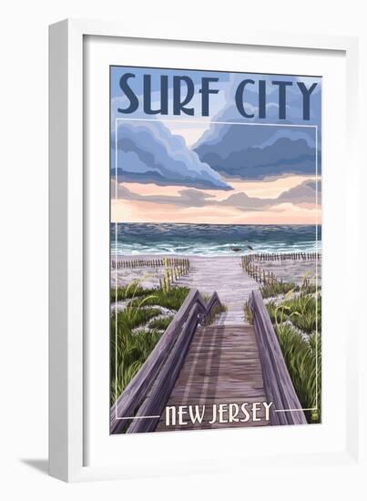 Surf City, New Jersey - Beach Boardwalk Scene-Lantern Press-Framed Art Print