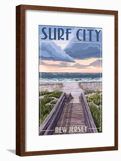 Surf City, New Jersey - Beach Boardwalk Scene-Lantern Press-Framed Art Print