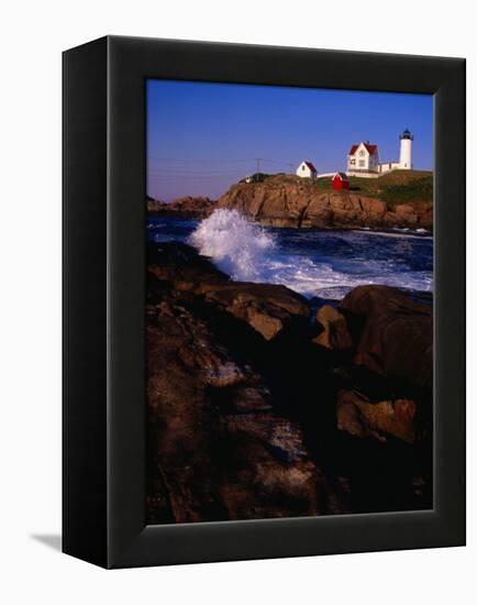 Surf Crashing on York Beach with Nubble Lighthouse in Background, Cape Neddick, USA-Levesque Kevin-Framed Premier Image Canvas