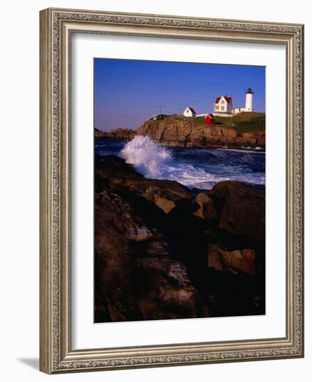 Surf Crashing on York Beach with Nubble Lighthouse in Background, Cape Neddick, USA-Levesque Kevin-Framed Photographic Print