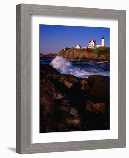 Surf Crashing on York Beach with Nubble Lighthouse in Background, Cape Neddick, USA-Levesque Kevin-Framed Photographic Print