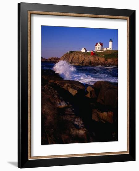 Surf Crashing on York Beach with Nubble Lighthouse in Background, Cape Neddick, USA-Levesque Kevin-Framed Photographic Print