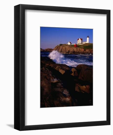 Surf Crashing on York Beach with Nubble Lighthouse in Background, Cape Neddick, USA-Levesque Kevin-Framed Photographic Print