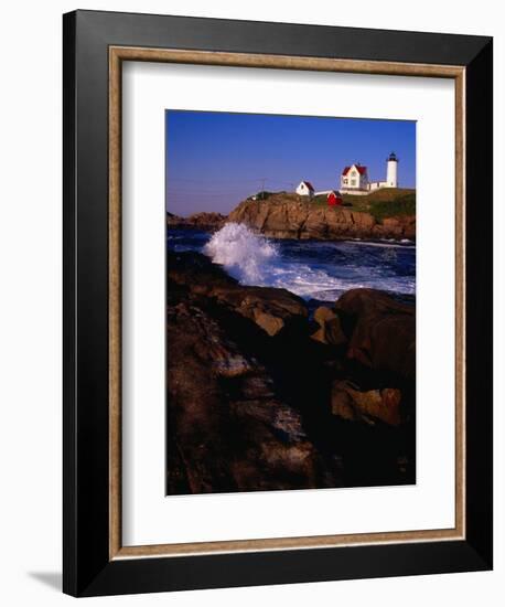 Surf Crashing on York Beach with Nubble Lighthouse in Background, Cape Neddick, USA-Levesque Kevin-Framed Photographic Print