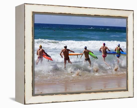 Surf Lifesavers Sprint for Water During a Rescue Board Race at Cronulla Beach, Sydney, Australia-Andrew Watson-Framed Premier Image Canvas