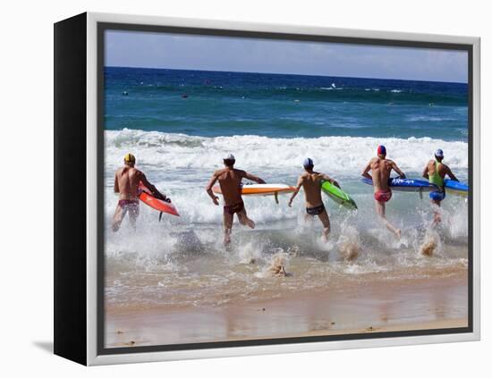 Surf Lifesavers Sprint for Water During a Rescue Board Race at Cronulla Beach, Sydney, Australia-Andrew Watson-Framed Premier Image Canvas