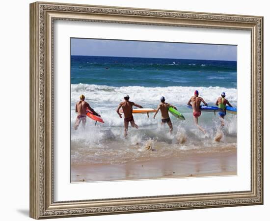 Surf Lifesavers Sprint for Water During a Rescue Board Race at Cronulla Beach, Sydney, Australia-Andrew Watson-Framed Photographic Print