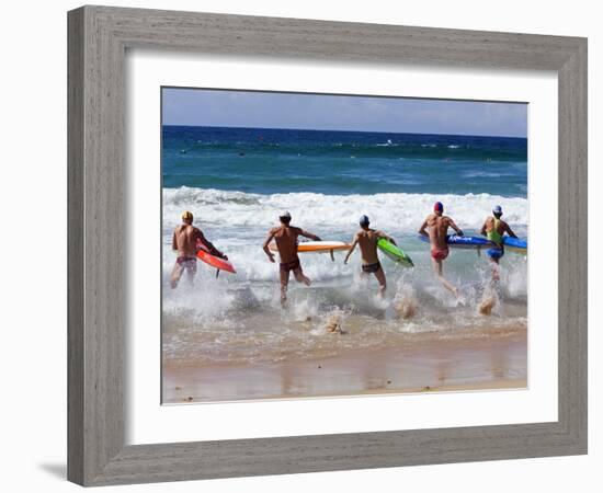 Surf Lifesavers Sprint for Water During a Rescue Board Race at Cronulla Beach, Sydney, Australia-Andrew Watson-Framed Photographic Print