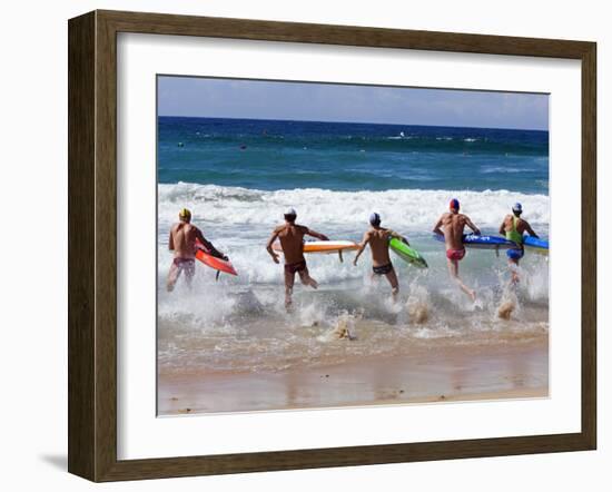 Surf Lifesavers Sprint for Water During a Rescue Board Race at Cronulla Beach, Sydney, Australia-Andrew Watson-Framed Photographic Print