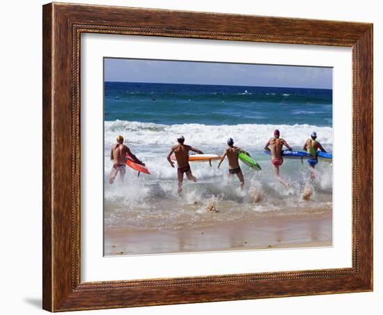 Surf Lifesavers Sprint for Water During a Rescue Board Race at Cronulla Beach, Sydney, Australia-Andrew Watson-Framed Photographic Print