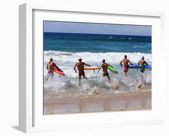 Surf Lifesavers Sprint for Water During a Rescue Board Race at Cronulla Beach, Sydney, Australia-Andrew Watson-Framed Photographic Print