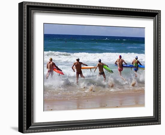 Surf Lifesavers Sprint for Water During a Rescue Board Race at Cronulla Beach, Sydney, Australia-Andrew Watson-Framed Photographic Print