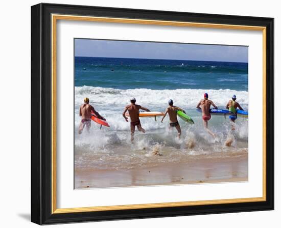 Surf Lifesavers Sprint for Water During a Rescue Board Race at Cronulla Beach, Sydney, Australia-Andrew Watson-Framed Photographic Print
