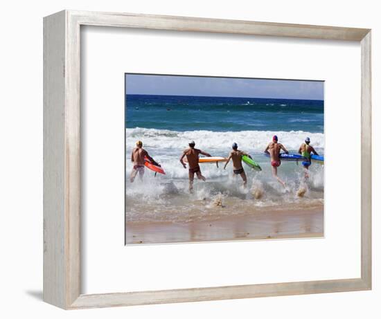 Surf Lifesavers Sprint for Water During a Rescue Board Race at Cronulla Beach, Sydney, Australia-Andrew Watson-Framed Photographic Print