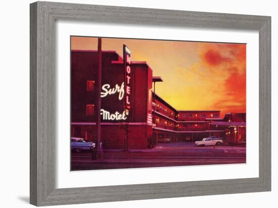 Surf Motel at Sunset, Retro-null-Framed Art Print