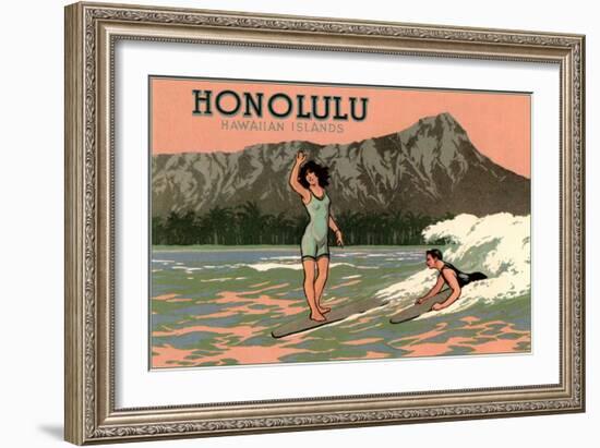 Surf Riders, Honolulu, Hawaii, Graphics-null-Framed Art Print