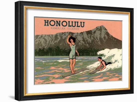 Surf Riders, Honolulu, Hawaii, Graphics-null-Framed Art Print